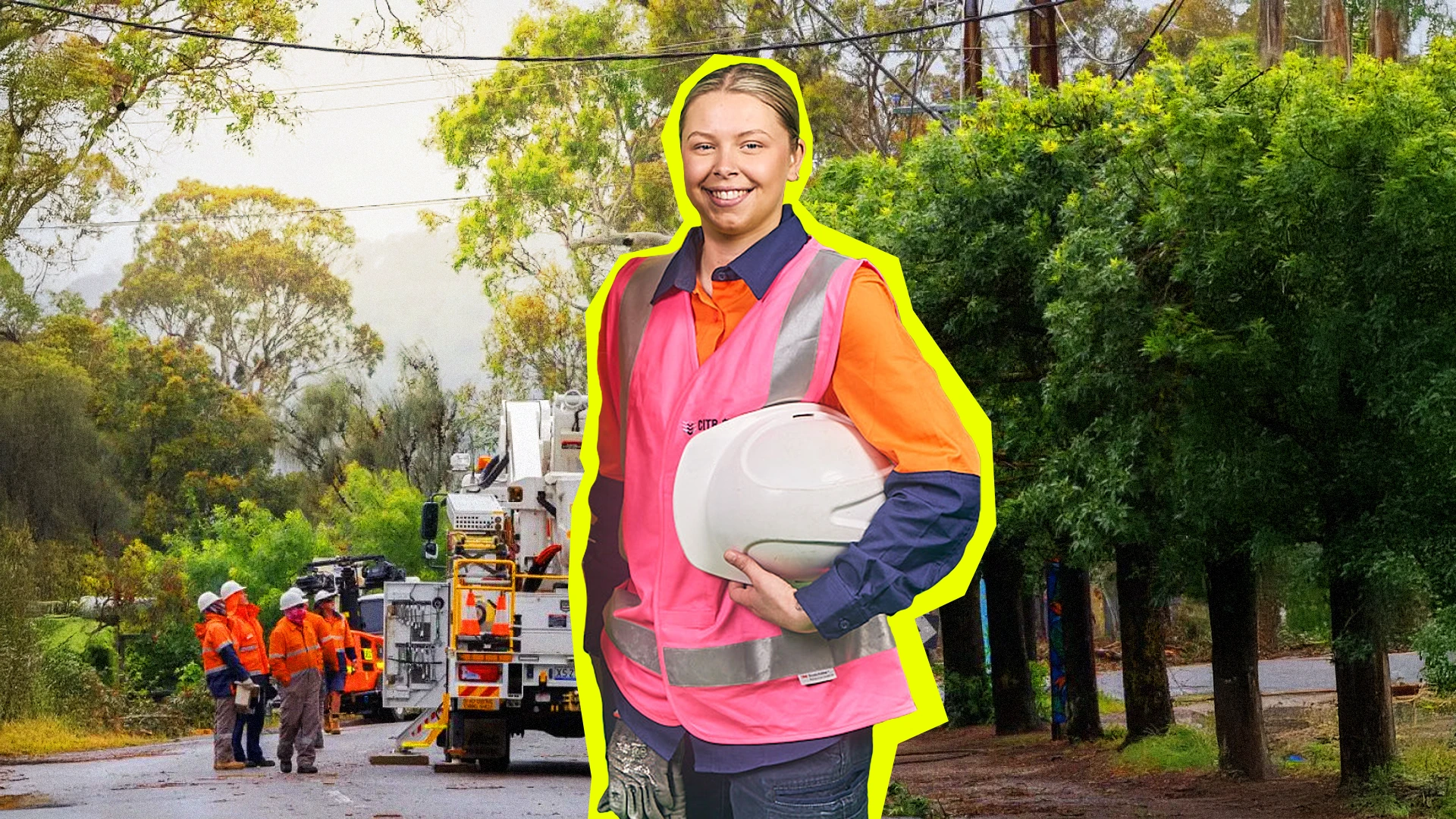 Amber Zalupka in front of a power line site.